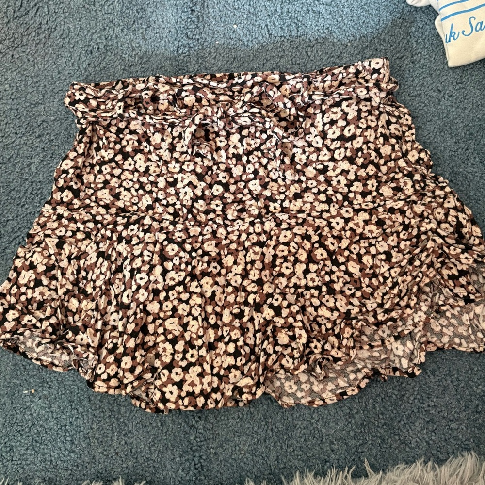 URBAN Romantics Brown and White Mini Skater Skirt with Ruffled Smocked Design